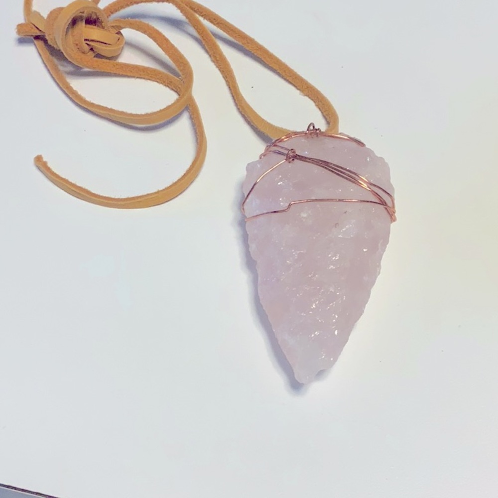 Hand Crafted Rose Quartz Arrowhead Wrapped pendant with Soft Leather Cord.
